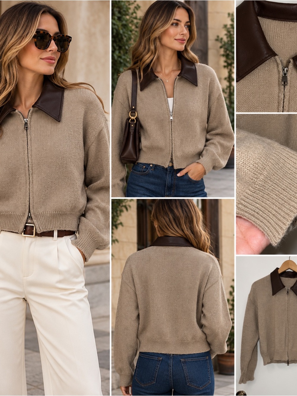 Women’s  Zip Front Sweater with Contrast Collar - Tan